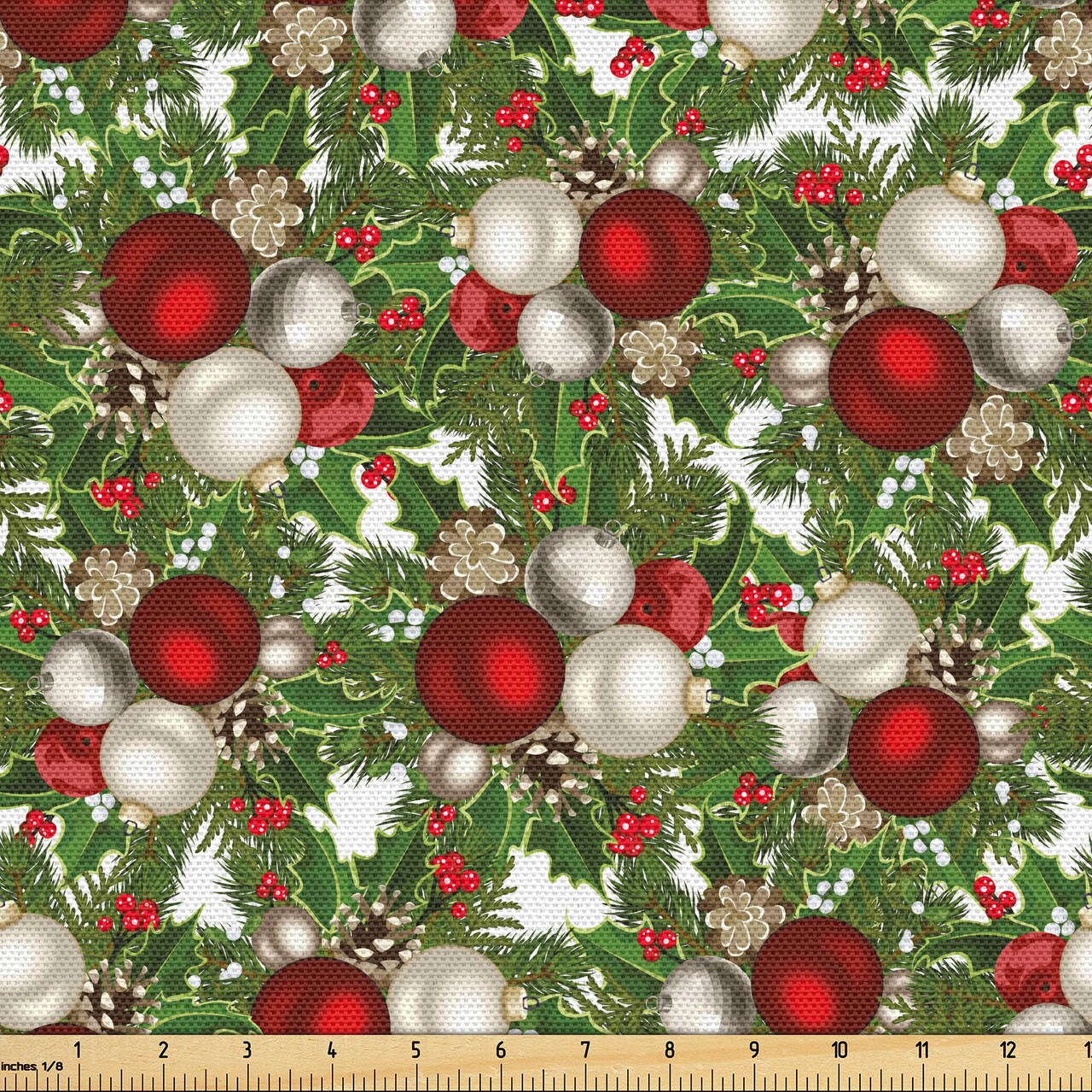 Ambesonne Christmas Fabric by the Yard, Pine Fir Cones Balls and Coniferous Tree Leaves Holly Berry Old Fashioned, Decorative Fabric for Upholstery and Home Accents, 1 Yard, Red Green Grey